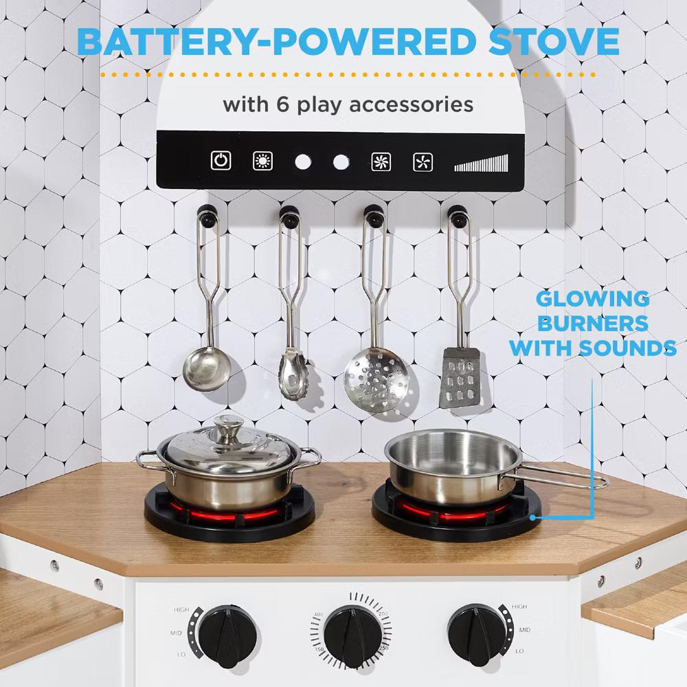 Pretend Play Corner Kitchen, Interactive Wooden Kids Set w/ Lights & Sounds - White - Image 72