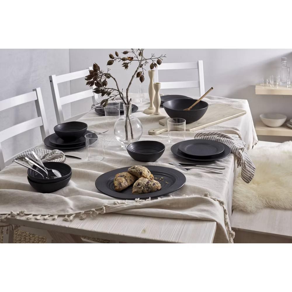 Oneida 12pc Stoneware Dinnerware Set Ridge Black: Matte Black Dishes, Swirl Pattern, Service for 4, Dishwasher-Safe - Image 5