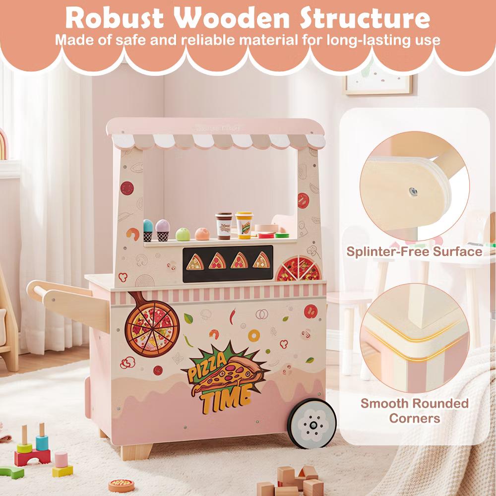 2 in 1 Pretend Play Food Truck Kids Ice Cream & Pizza Cart w/ Canopy Oven - Image 9