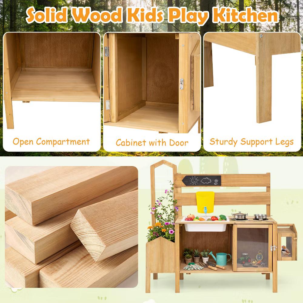 Mud Kitchen for Kids, Pretend Play Kitchen with Detachable Bird Cage,Trellis - Image 6
