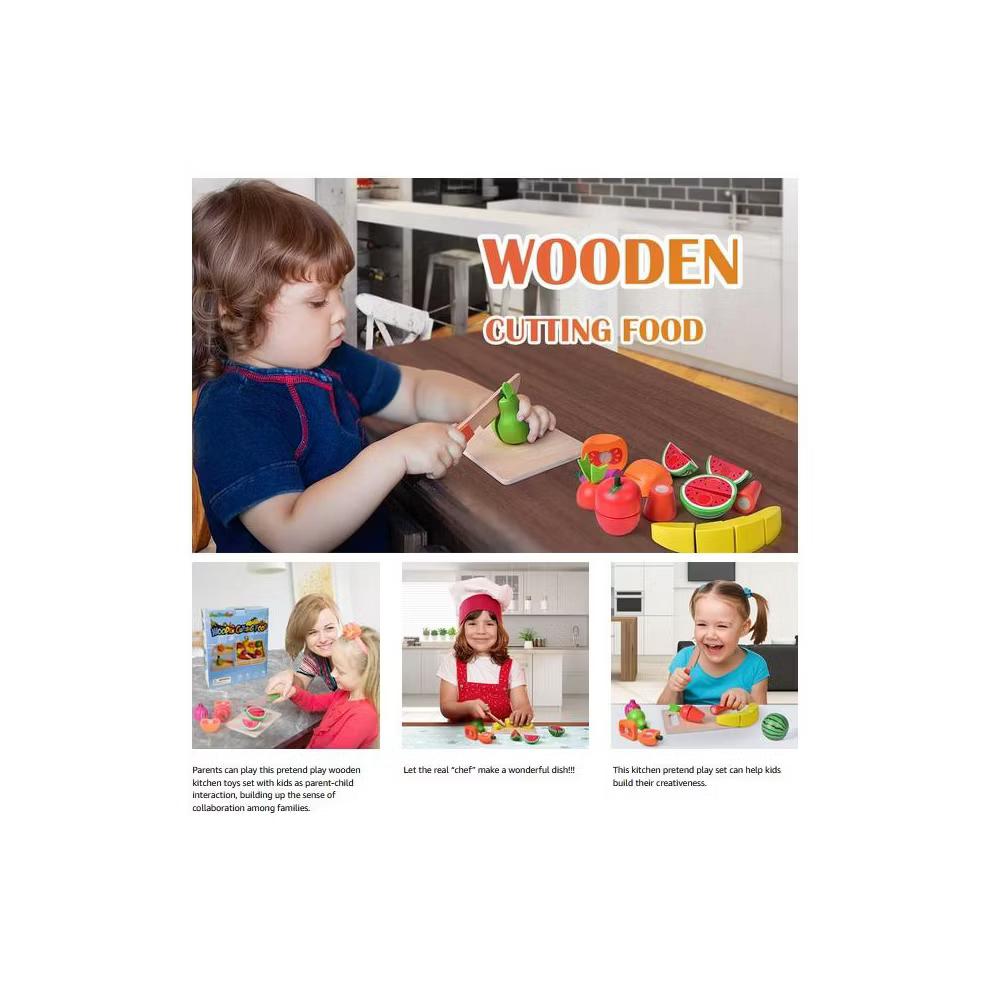 35Pcs Wooden Cutting Food Play Set with Storage Crate, Pretend Fruit & Veggie Toys, Play Kitchen Accessories for Kids - Image 5