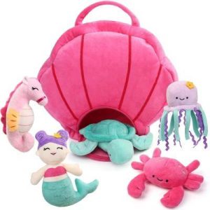 Ocean Stuffed Animal, 5 Pack Small Sea Creature Plush Toys and Shell Carrying Bag Set, Cute Plushies for Baby Kids