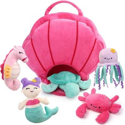 Ocean Stuffed Animal, 5 Pack Small Sea Creature Plush Toys and Shell Carrying Bag Set, Cute Plushies for Baby Kids