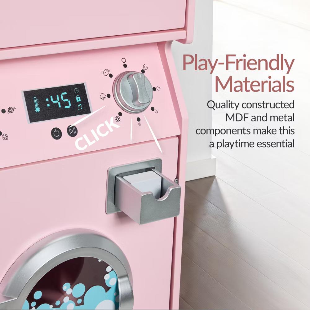 Pretend Play Kids Wooden Stacked Washer & Dryer Set w/ Toy Laundry Storage and Accessories - Pink - Image 5