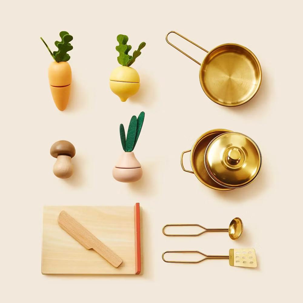 Mediterranean Play Kitchen for Toddlers - Wooden Kids Kitchen Playset with Cutting Food & Cookware - Image 7
