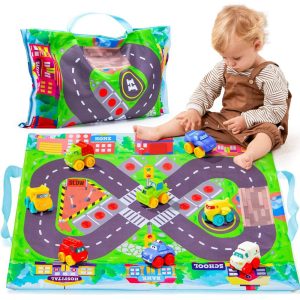 8 PCS Rubber Cartoon Cars with Play Mat, Mini Bath Toy Car for Toddlers, Boy Toys Birthday Gift, Party Favors for Kids Toddlers 2 3+ Year Old