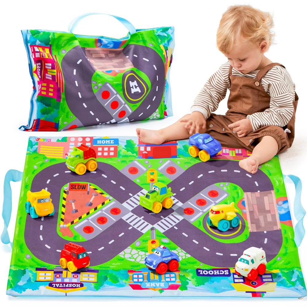 8 PCS Rubber Cartoon Cars with Play Mat, Mini Bath Toy Car for Toddlers, Boy Toys Birthday Gift, Party Favors for Kids Toddlers 2 3+ Year Old