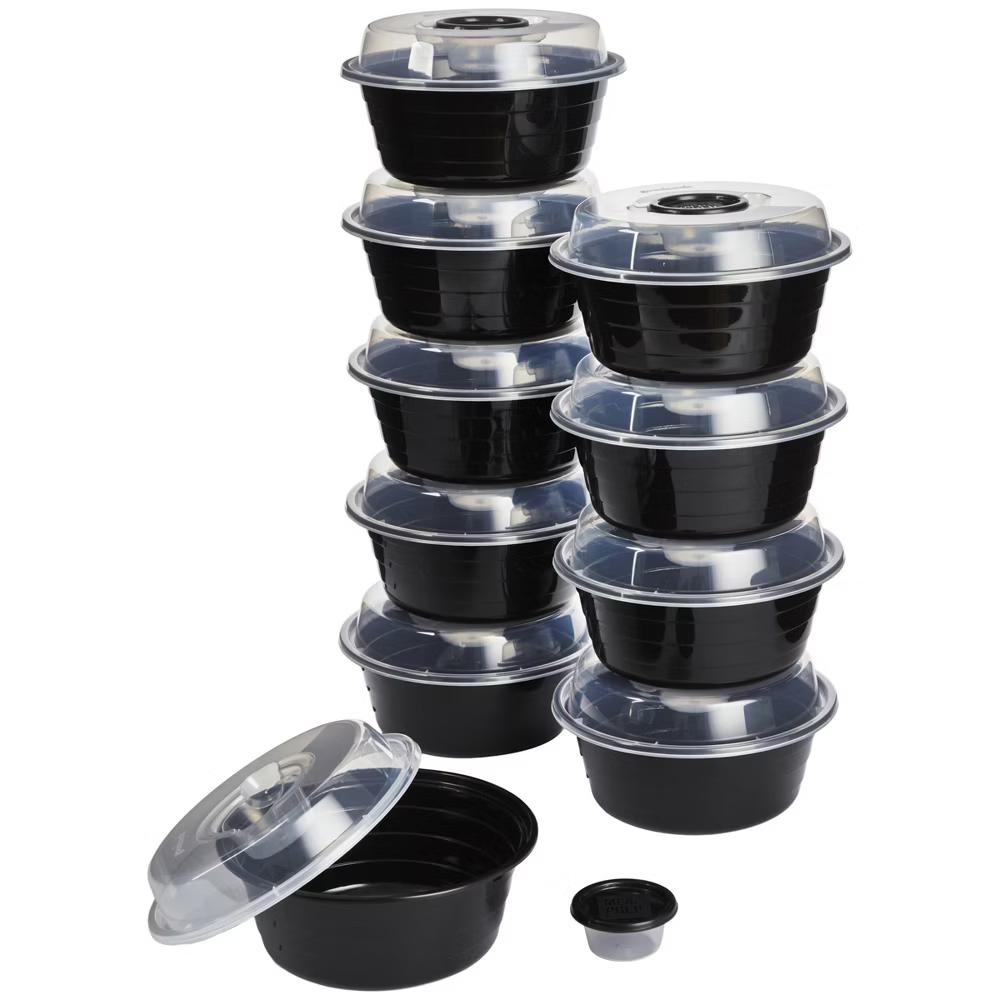 Meal Prep Salad Bowls Containers + Lids & Condiment Cup - 4Cups - 20pcs/10ct - Black