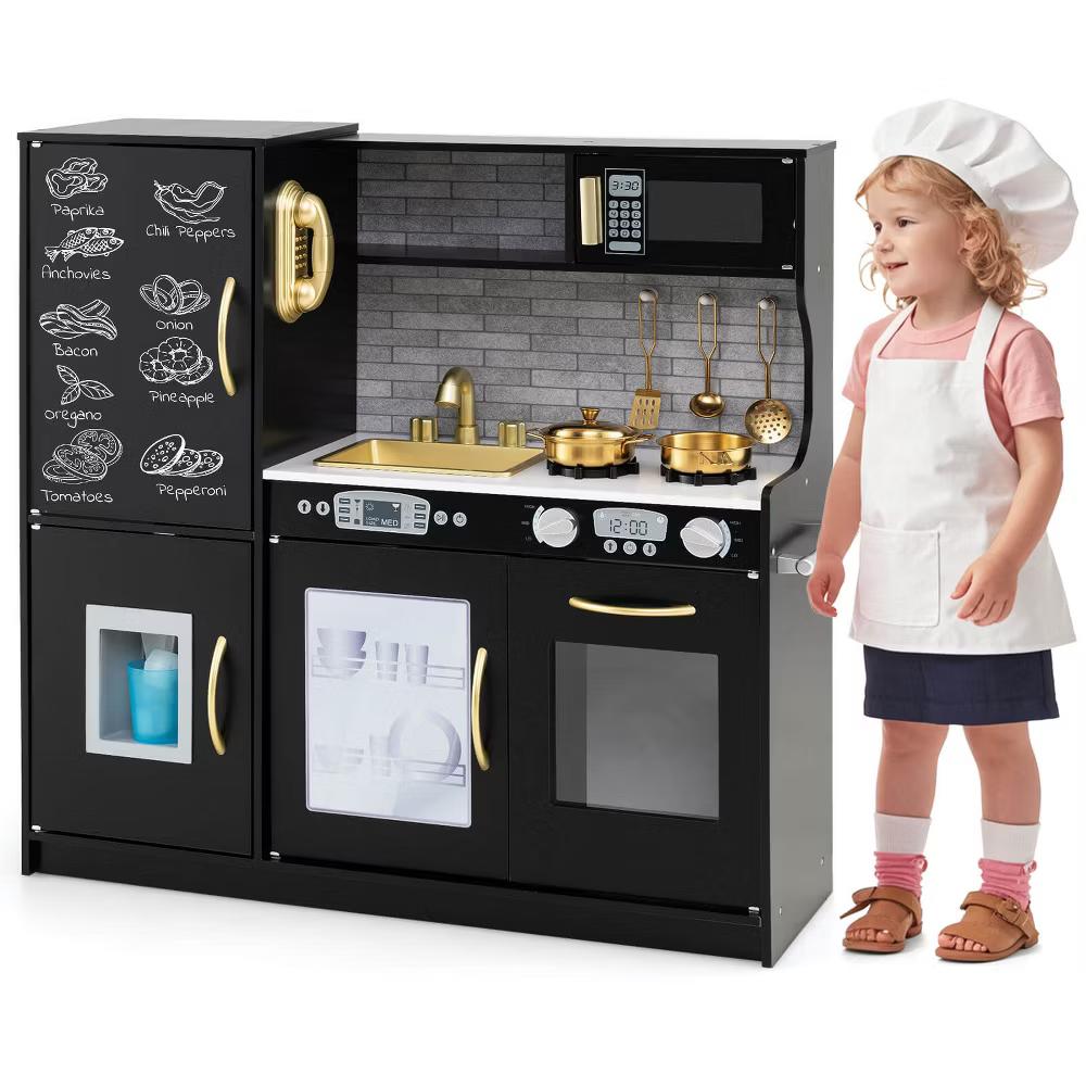 Kid's Pretend Play Kitchen Toddler Kitchen Playset with Blackboard Pink/White/Light Pink/Beige - Image 18