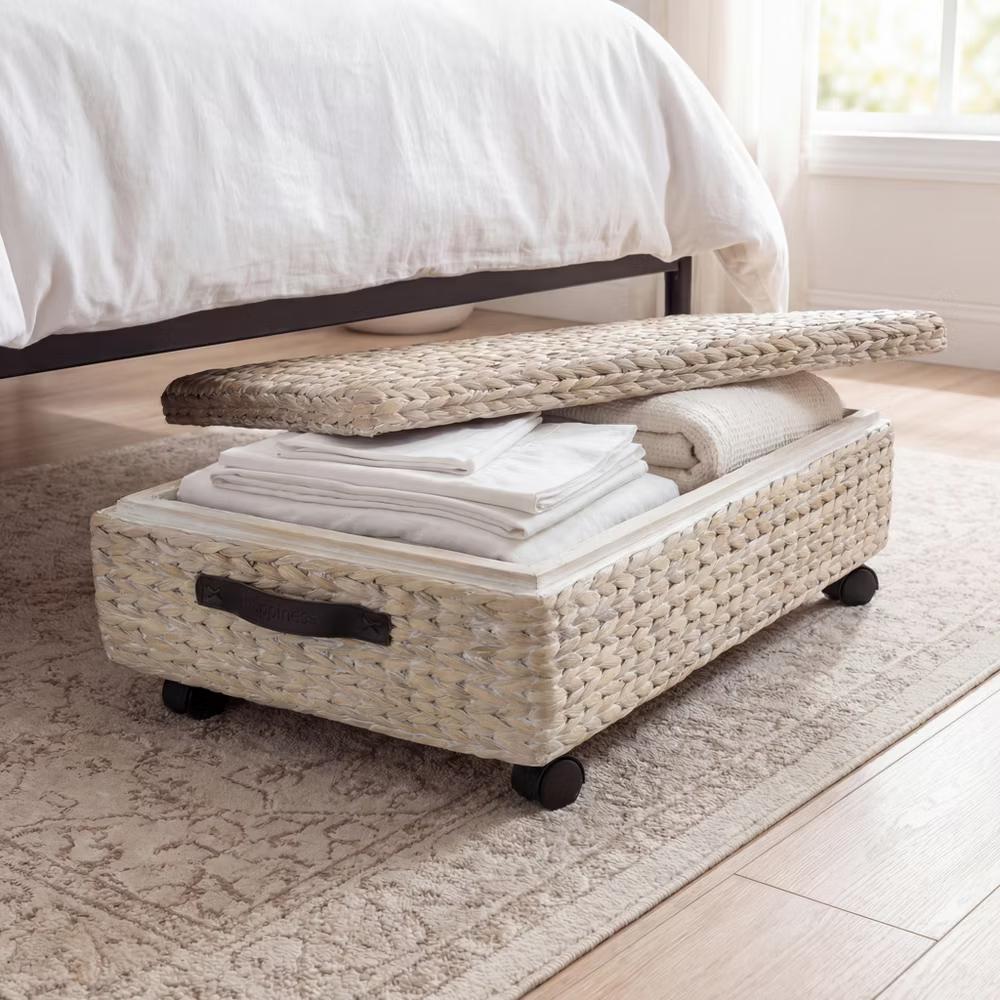 happimess Chett Minimalist Hand-Woven Hyacinth/Wood Underbed Storage Bin with Wheels and Handles - Image 43