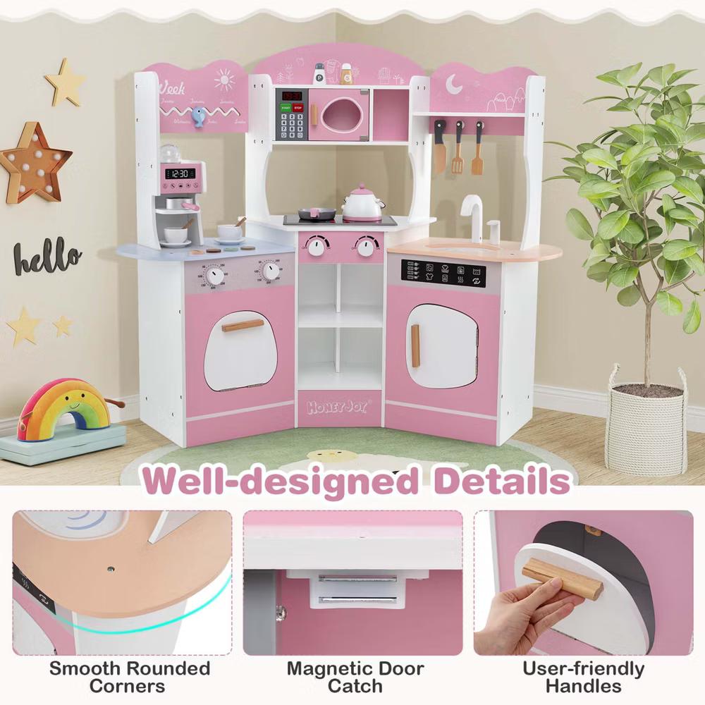 Corner Kitchen Playset with Coffee Machine Oven Microwave Washing Machine White/Brown/Pink - Image 18