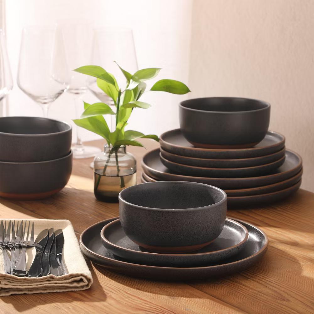 Abbey Circle 12 Piece (Service for 4) Plates and Bowls Reactive Matte Glaze Dishes Stoneware Ceramic Dinnerware Set - Image 12