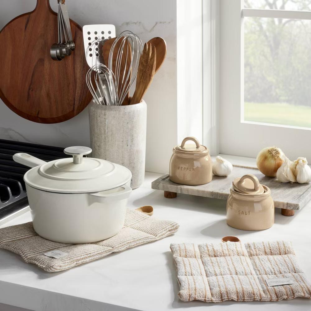 8"x12" Footed Marble Countertop Tray Warm Beige - with Magnolia: Acacia Wood Base, Rectangular Shape
