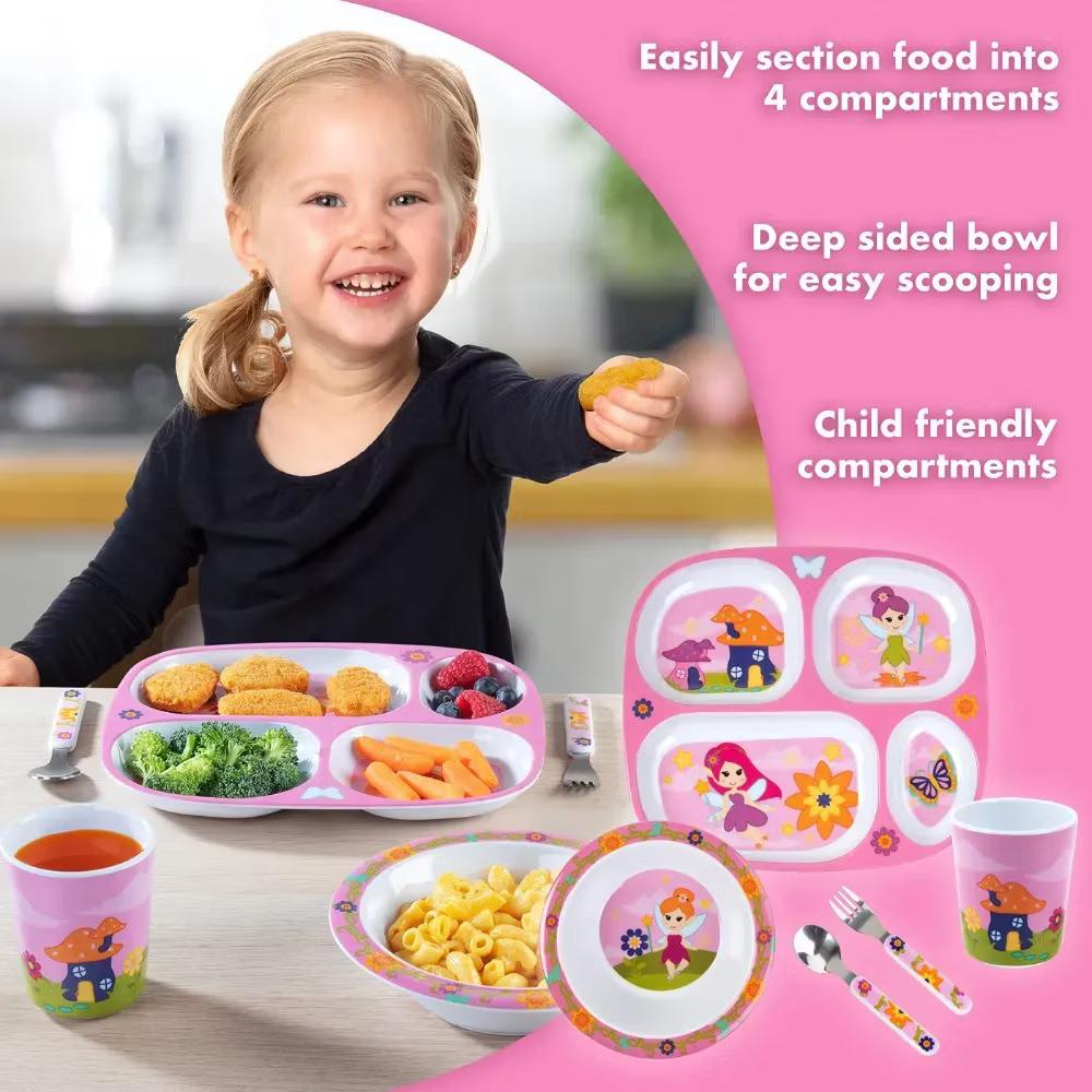Bentology 5 Pc Fairy Theme Mealtime Set for Kids & Toddlers, Divided Plate Cup Bowl Fork Spoon-Dishwasher Safe- Compartment Dish for Self-Feeding - Image 3