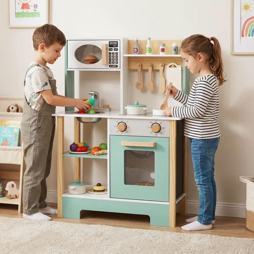 Play Kitchen with Chalkboard Microwave Stove Dish Rack Faucet Sink Accessories White + Natural/Blue/Green + White - Image 8