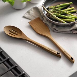 2pc Acacia Tool Set Natural Wood: Wooden Cooking Utensils, Slotted Spoon & Turner, Hand Wash, Adult Use