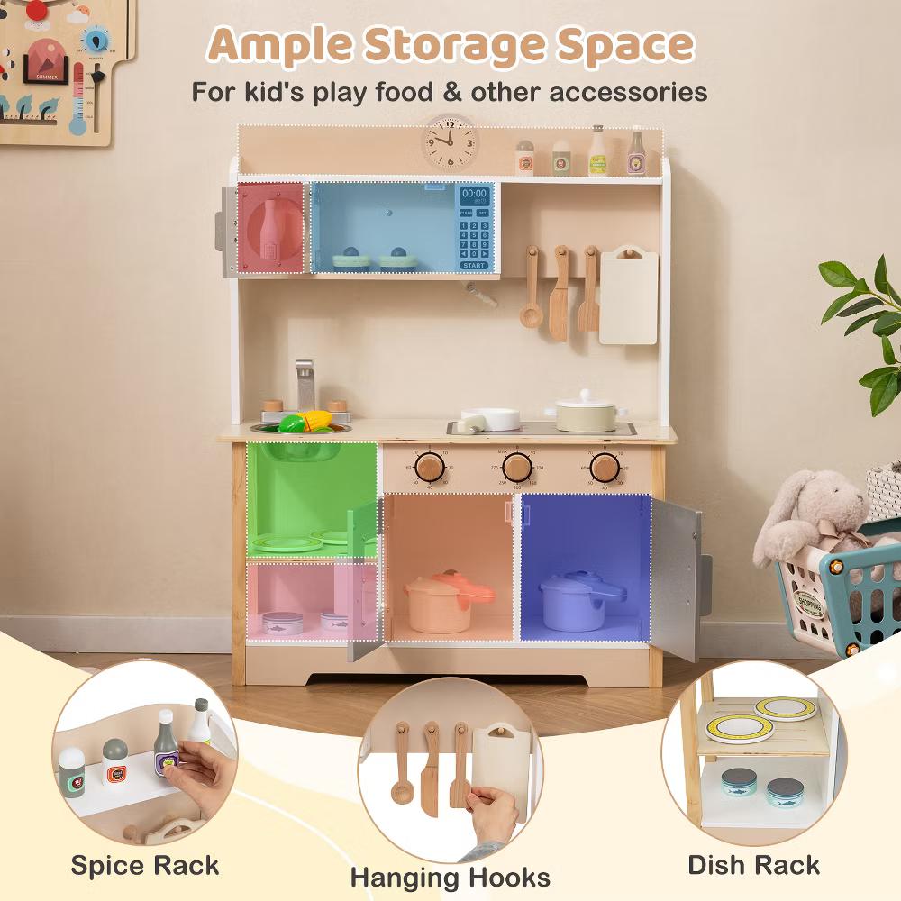 Wooden Play Kitchen for Kids Cooking Toy Playset w/ Microwave Stove Dish Rack - Image 2