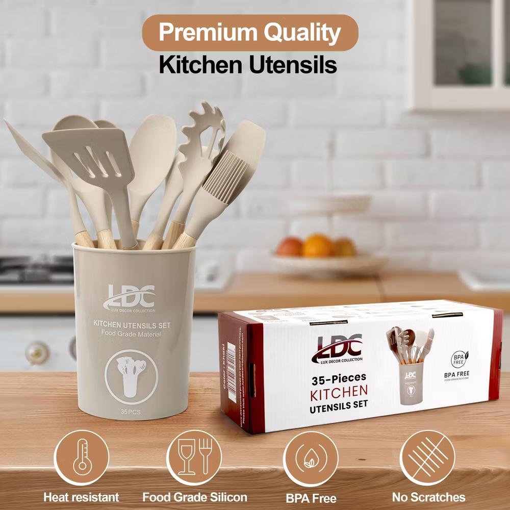 Lux Decor Cooking Utensil Set 35 Piece Silicone and Wood Kitchen Utensil Set with Holder Non Stick Kitchen Gadgets & Tools - Image 14