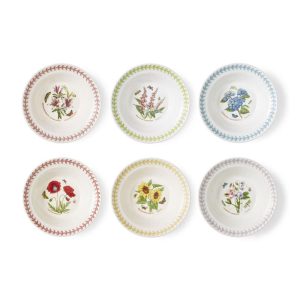 Portmerion Botanic Garden Meadow - 6.5" Round Oatmeal Bowl (Set of 6), Assorted Florals with Colorful Laurel Leaf Border, Earthenware