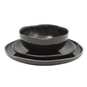 Soho Lounge Nardini 12 Piece (Service for 4) Plates and Bowls Reactive Glaze Dishes Stoneware Ceramic Dinnerware Set - Black and Blue