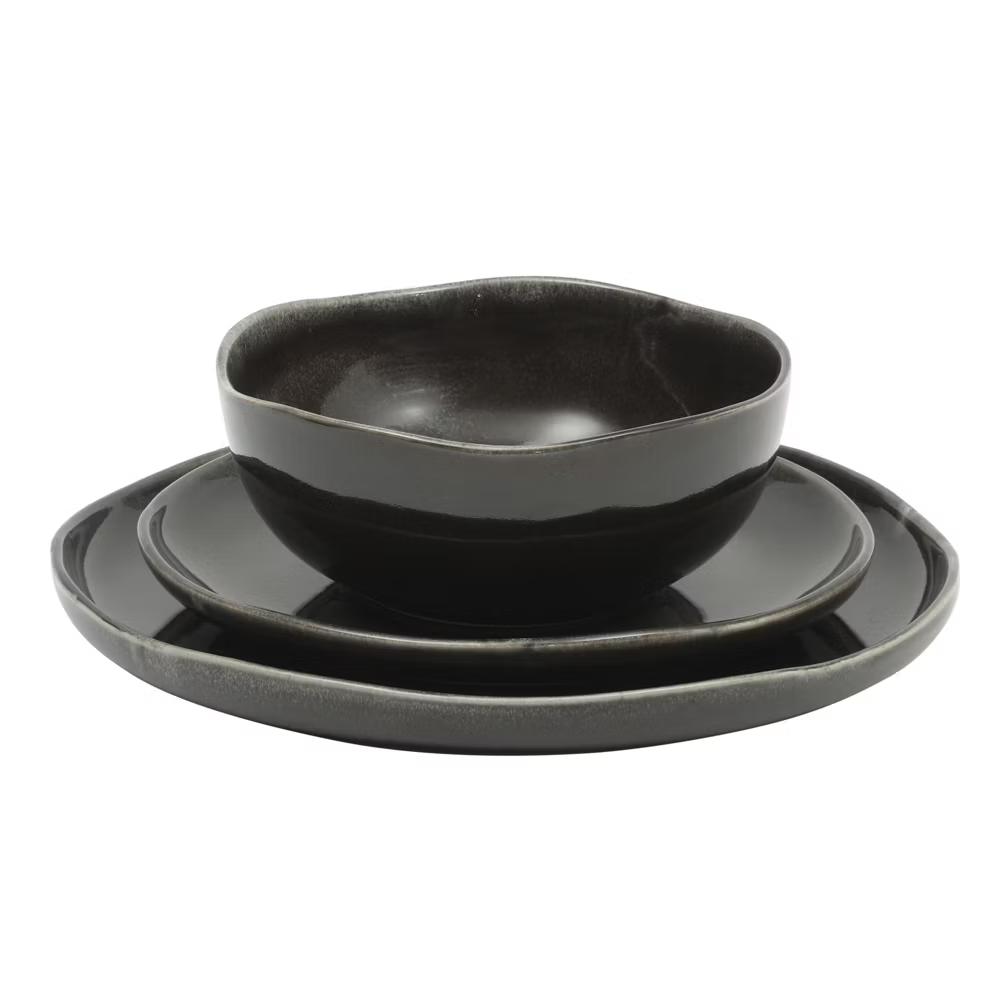 Soho Lounge Nardini 12 Piece (Service for 4) Plates and Bowls Reactive Glaze Dishes Stoneware Ceramic Dinnerware Set - Black and Blue