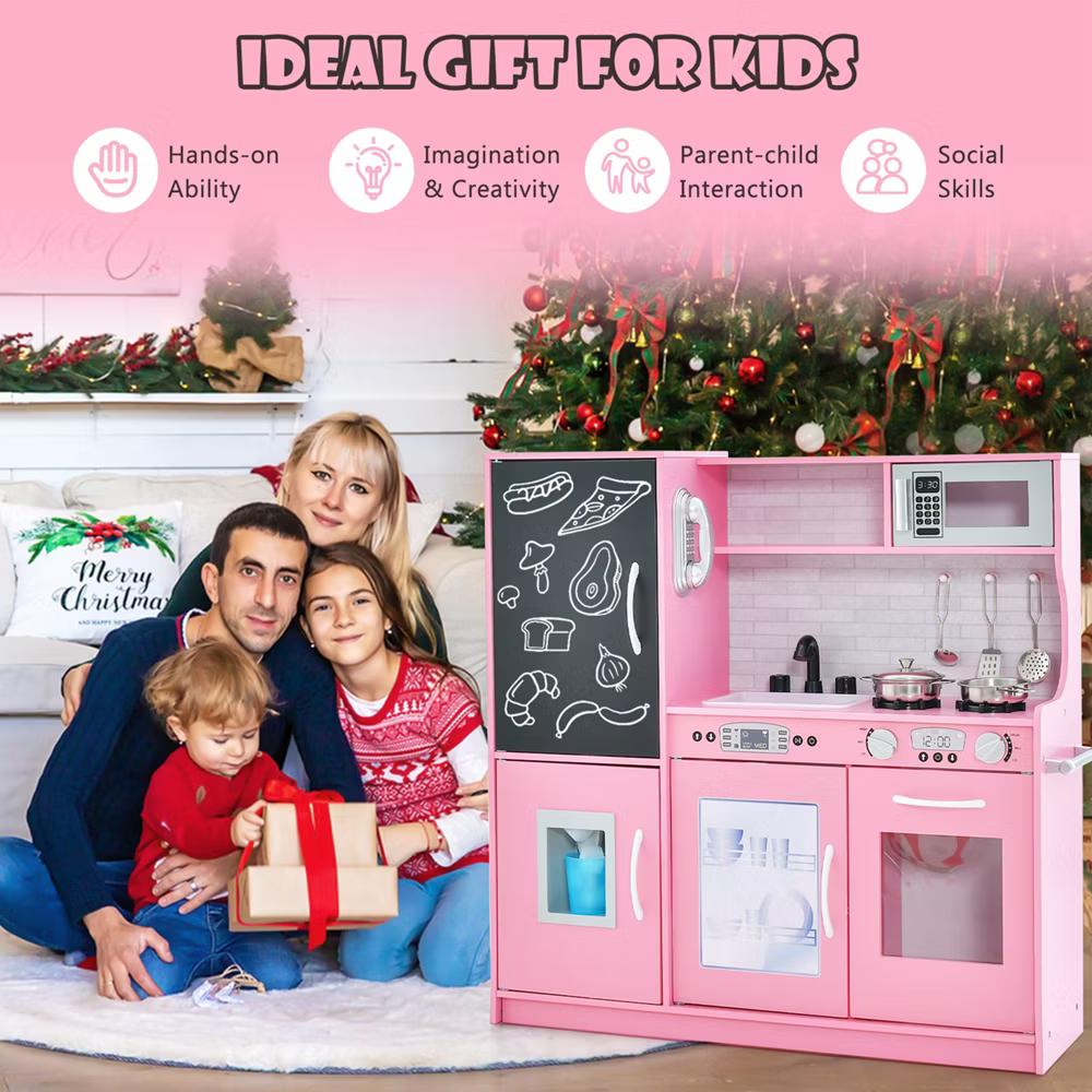 Kid's Pretend Play Kitchen Toddler Kitchen Playset with Blackboard Pink/White/Light Pink/Beige - Image 69