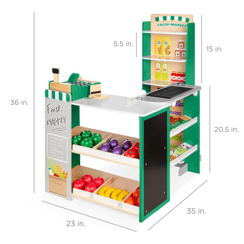 Kids Pretend Play Grocery Store Wooden Supermarket Set w/ Chalkboard, Cash Register - Red - Image 8