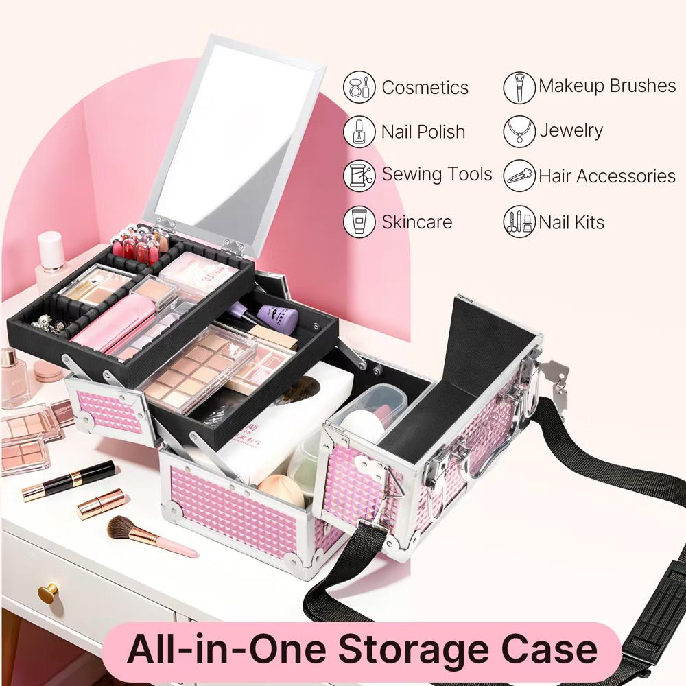 Yaheetech Aluminum Portable Makeup Train Case Cosmetic Storage Case with Mirror, Adjustable Dividers - Image 10