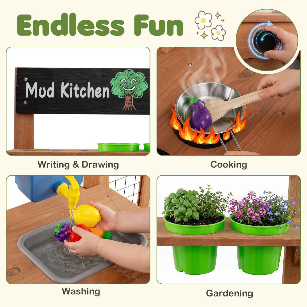 Kids Mud Kitchen with Detachable Bird Cage, Planter, Trellis, 2 Sinks, Stoves - Image 7