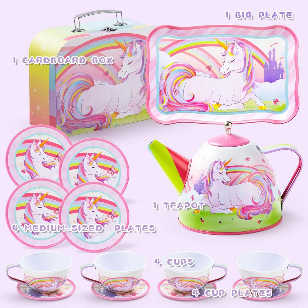 Unicorn Tea Party Set for Little Girls Ages 3-6, 15Pcs Pretend Play Kitchen Toys with Teapot Cups, Plates, Storage Case, Birthday Christmas Gift - Image 2