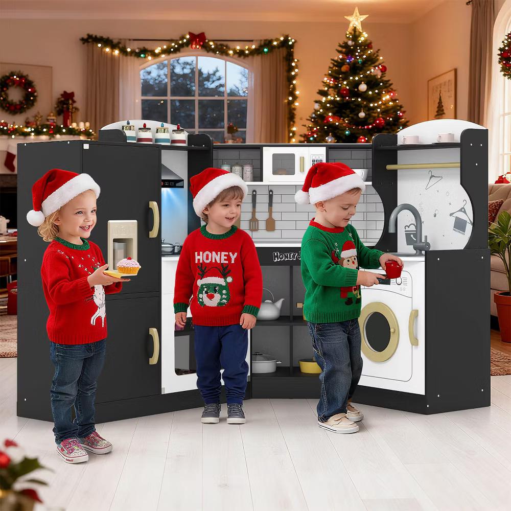 Corner Play Kitchen Toddler Kitchen Playset with Range Hood, Ice Maker, Microwave White/Pink - Image 5