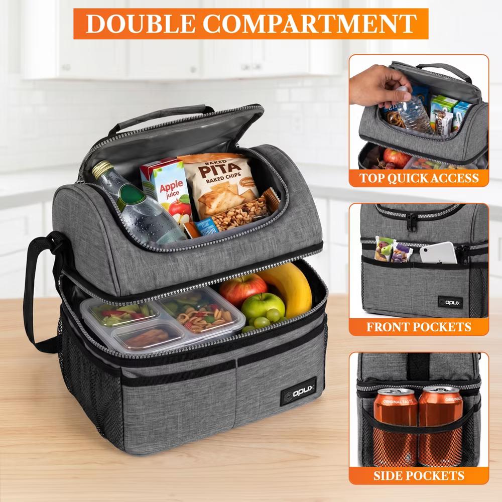 Double Decker Lunch Box Men Women, Insulated Leakproof Cooler Bag Adult Work, Dual Compartment Pail Tote Boys Girls Kids - Image 52