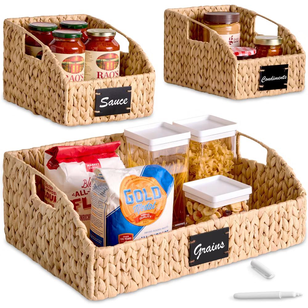 Hyacinth Angled Pantry Storage Baskets W/ Handles, Chalkboard & Marker - Image 18