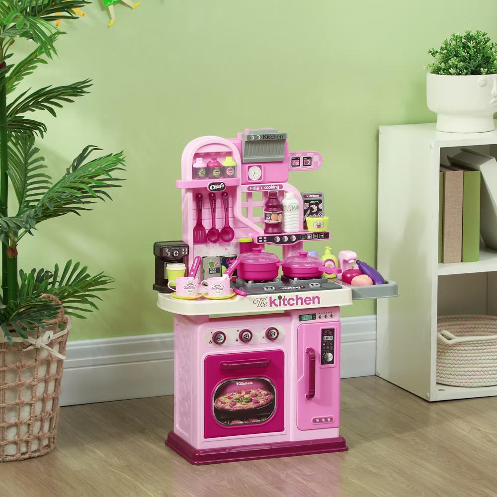 Qaba Play Kitchen, Kids Kitchen Playset, Toy Kitchen with Lights, Sounds, 33 Accessories, Storage, Interactive Playset for Toddler 3-6 Years - Image 4