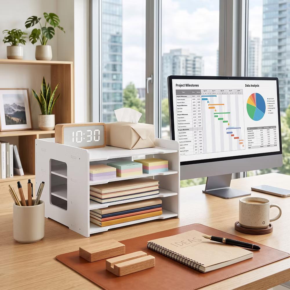 Multi-Layer Desktop File Organizer, Adjustable A4 Paper Storage Rack, Waterproof PVC Wood Plastic Board, Office Desk Folder Holder - Image 4