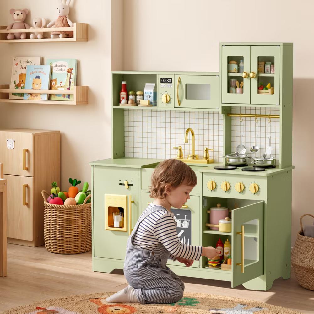 Wooden Play Kitchen with Running Water Sink, Clicking Stove Knobs, Microwave, Oven, Ice Maker & Storage, Ages 3+ - Image 18