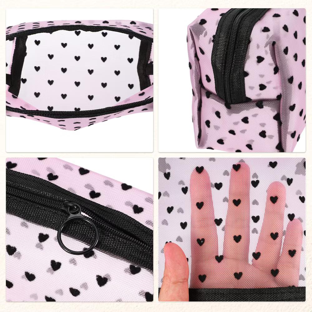 Nylon Heart Shape Print Mesh Clear Makeup Bags 3 Pcs - Image 16