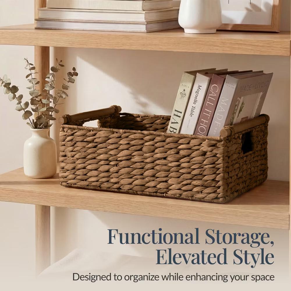 Wicker Storage Basket, Shelf Basket w/ Wooden Handles, Rectangular Storage Bin - Natural - Image 5