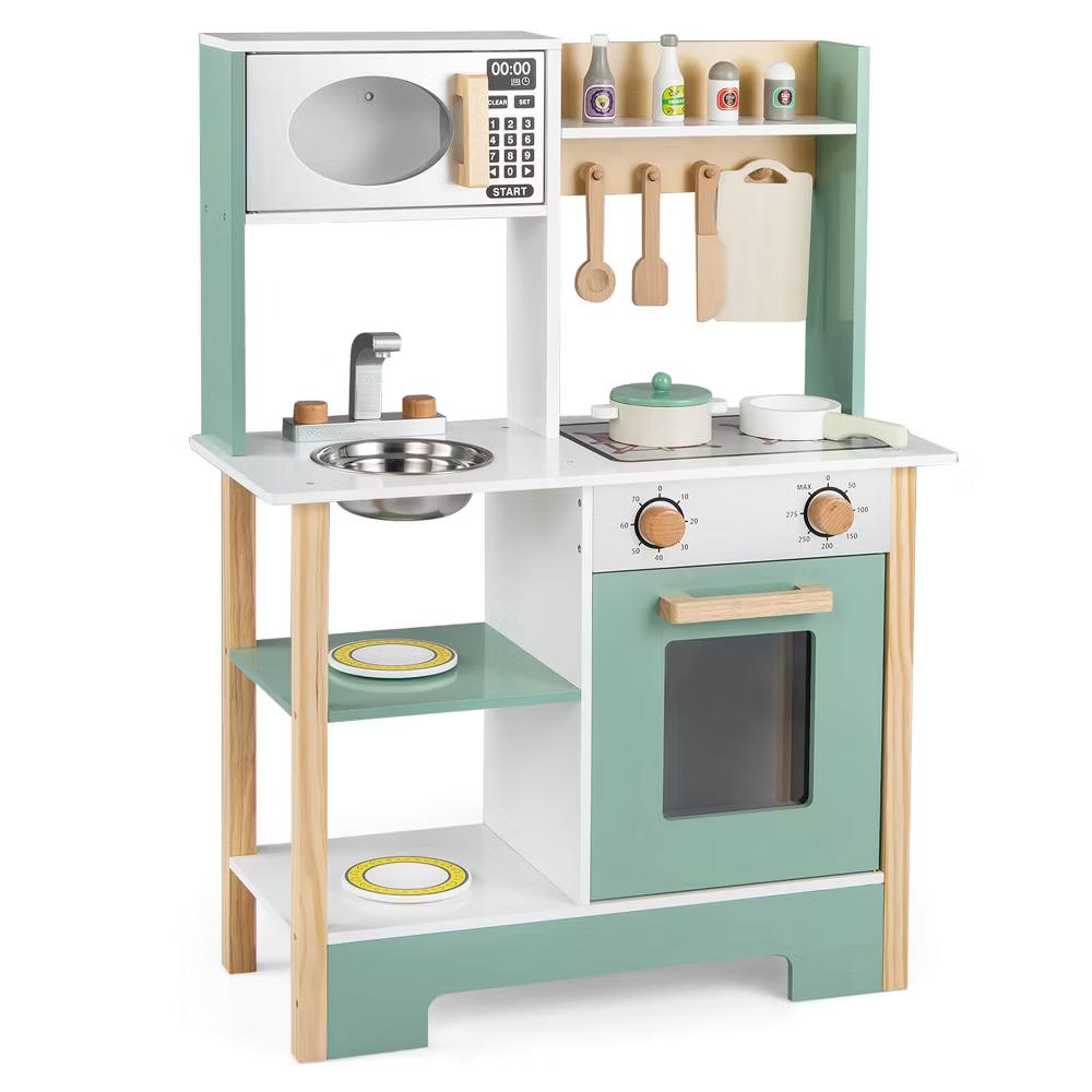 Play Kitchen with Chalkboard Microwave Stove Dish Rack Faucet Sink Accessories White + Natural/Blue/Green + White - Image 9