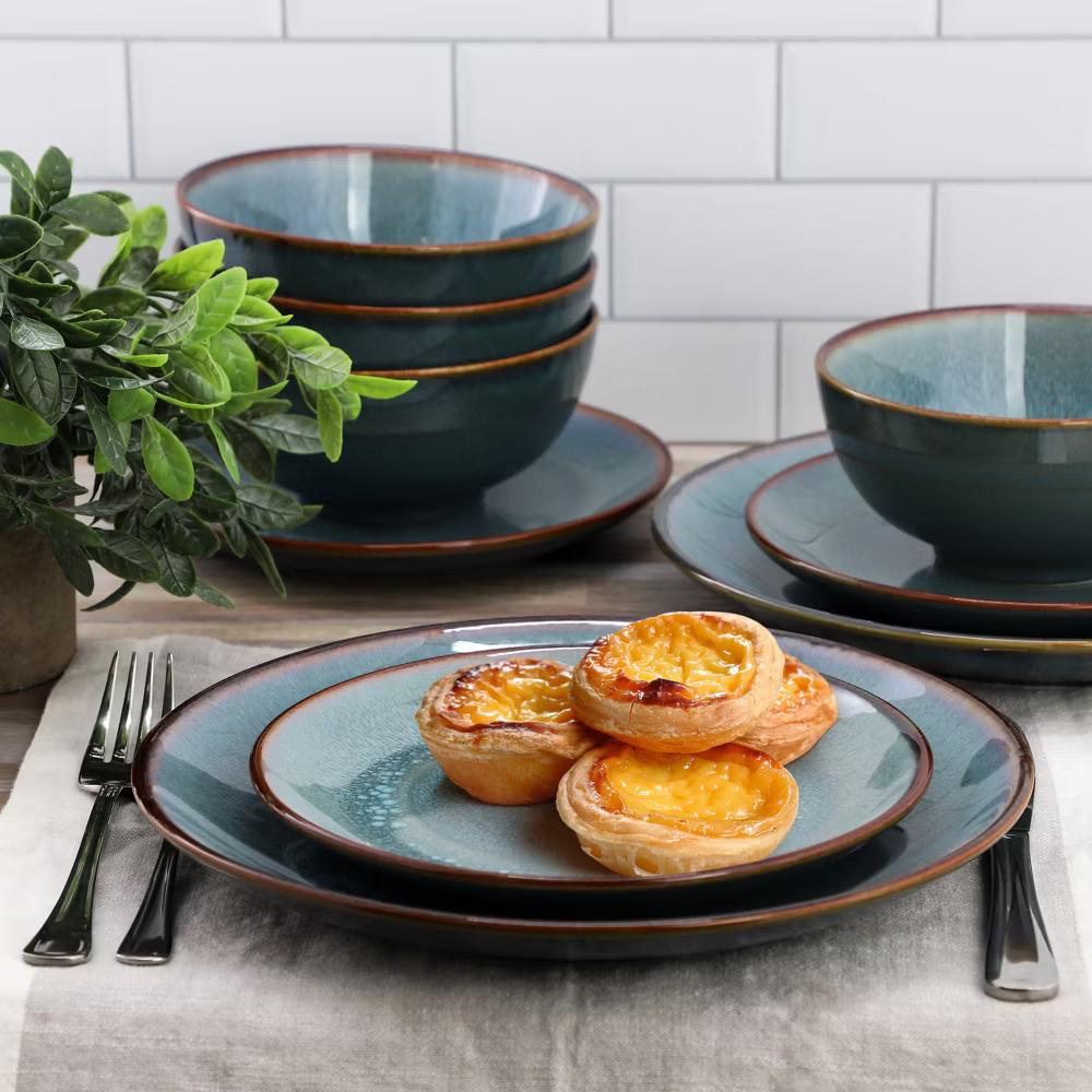 Reactive Glaze Stoneware Dinnerware Set in Blue with Brown Rim - Image 10