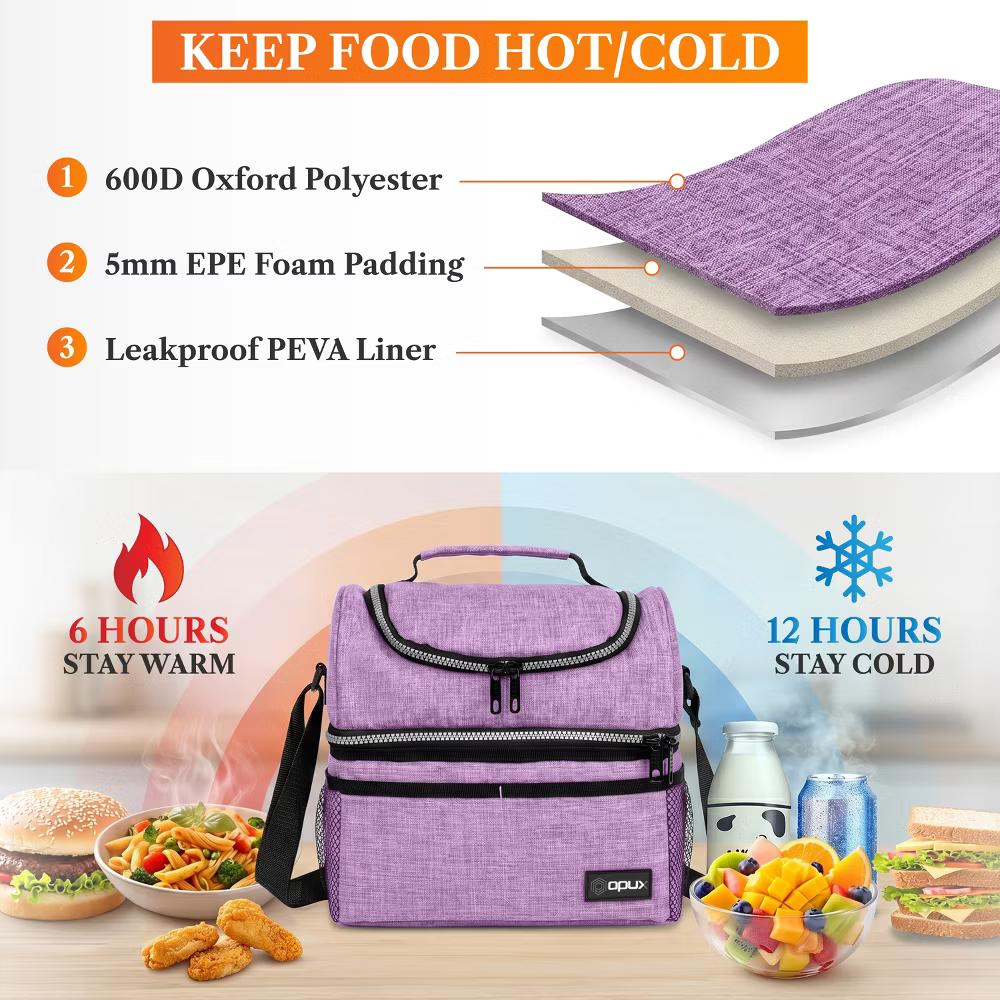 Double Decker Lunch Box Men Women, Insulated Leakproof Cooler Bag Adult Work, Dual Compartment Pail Tote Boys Girls Kids - Image 86