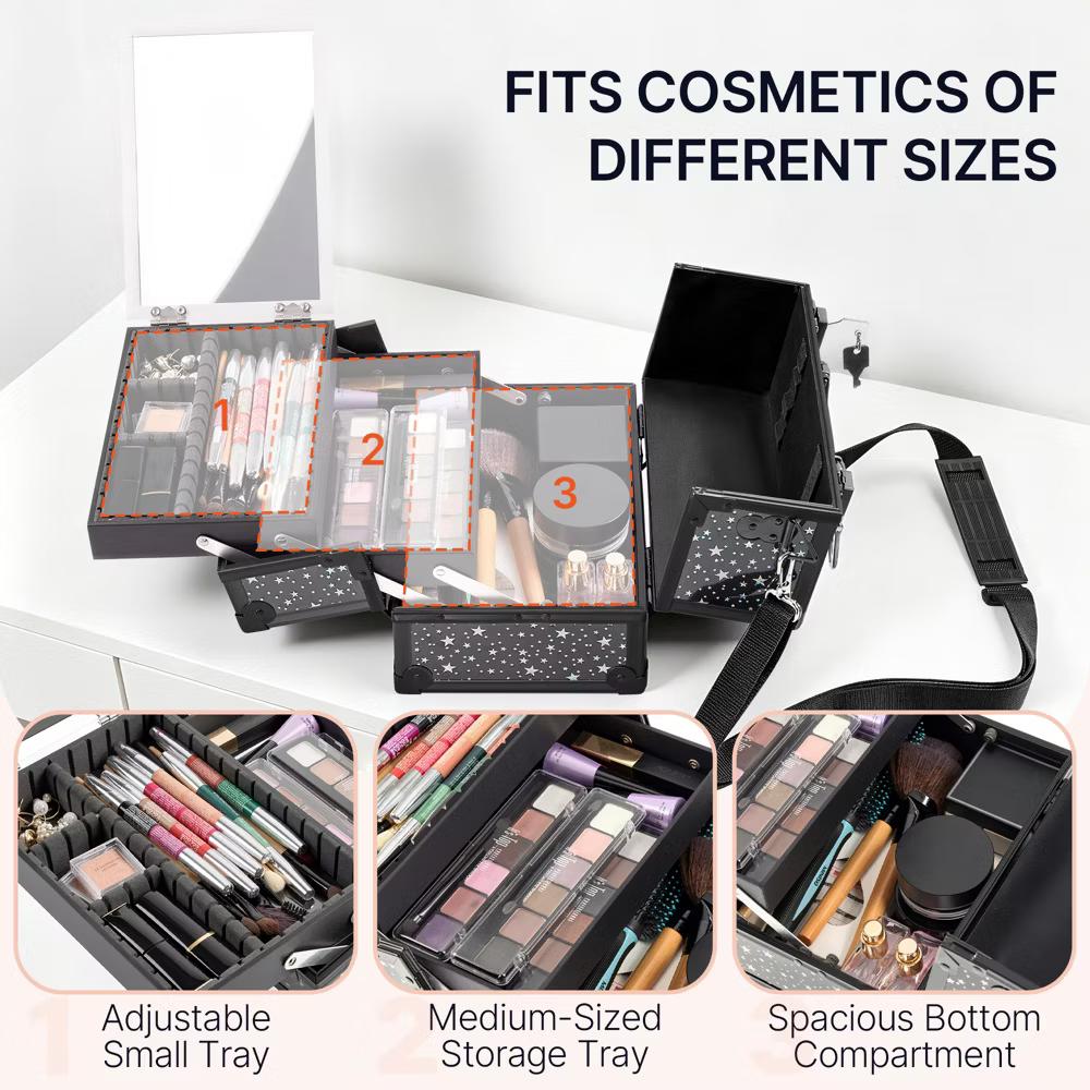 Yaheetech Aluminum Portable Makeup Train Case Cosmetic Storage Case with Mirror, Adjustable Dividers - Image 7