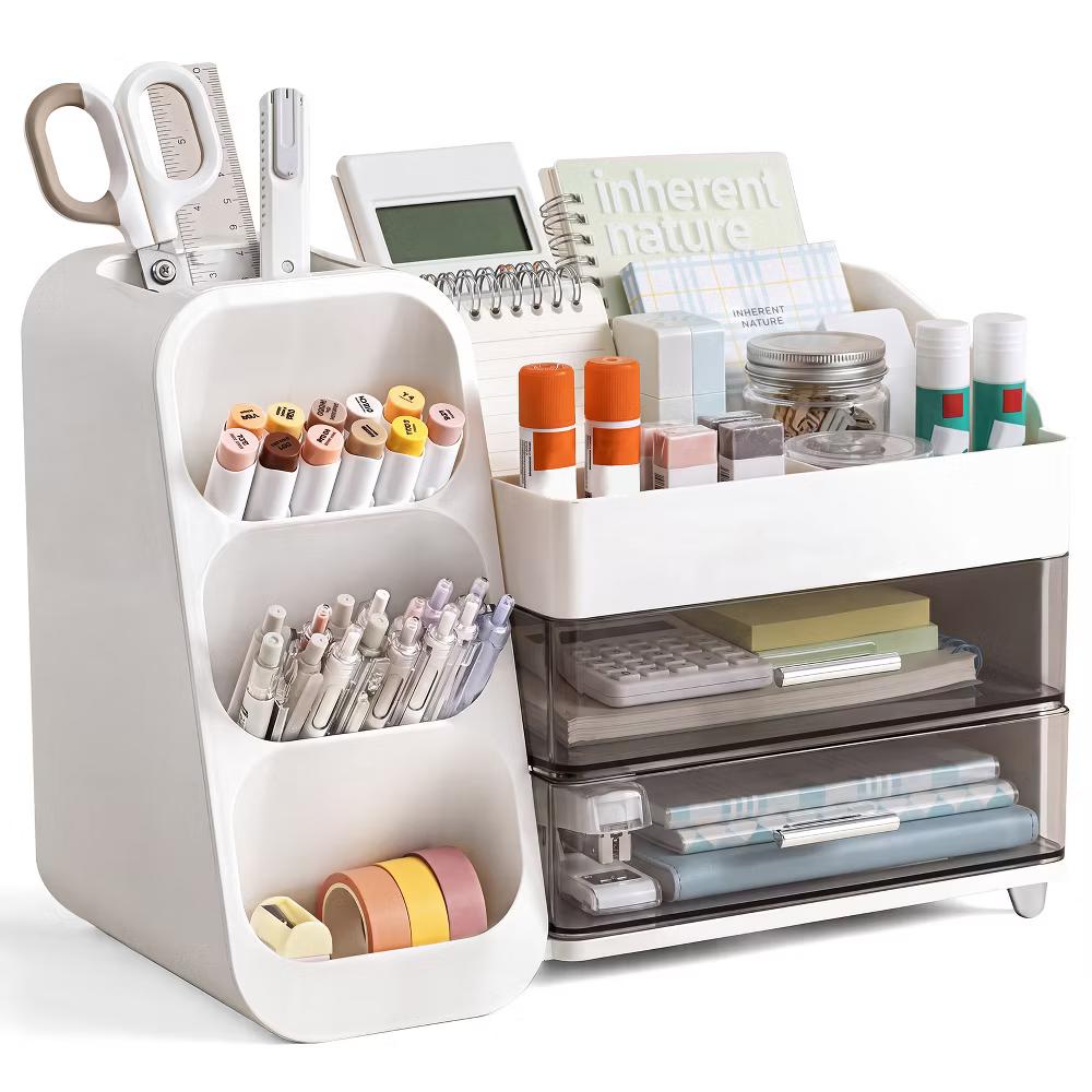 Desktop Organizer with Pen Holder, Multi-Grid Stationary Storage Caddy with 2 Clear Drawers for Office Supplies & Makeup - Image 9