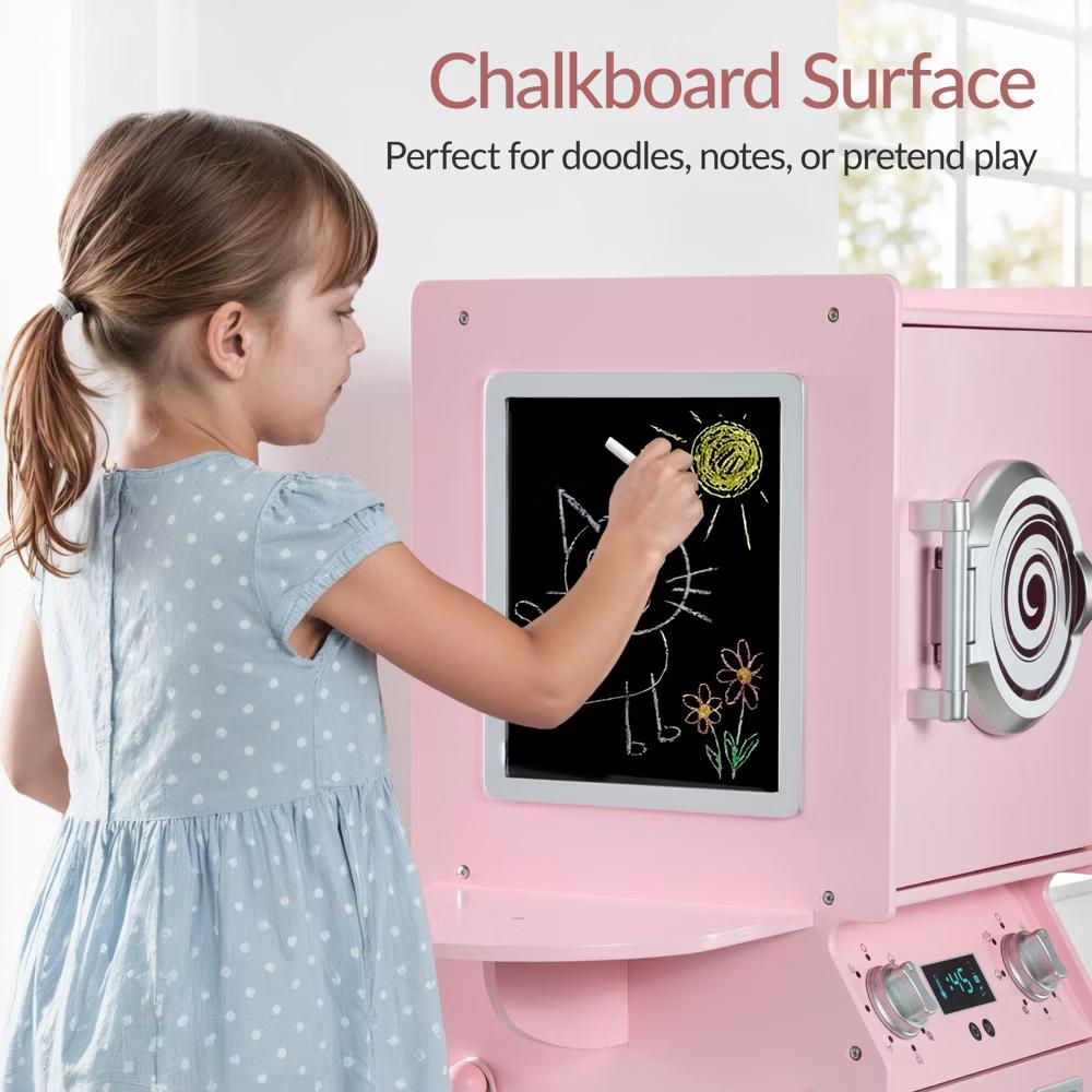 Pretend Play Kids Wooden Stacked Washer & Dryer Set w/ Toy Laundry Storage and Accessories - Pink - Image 4
