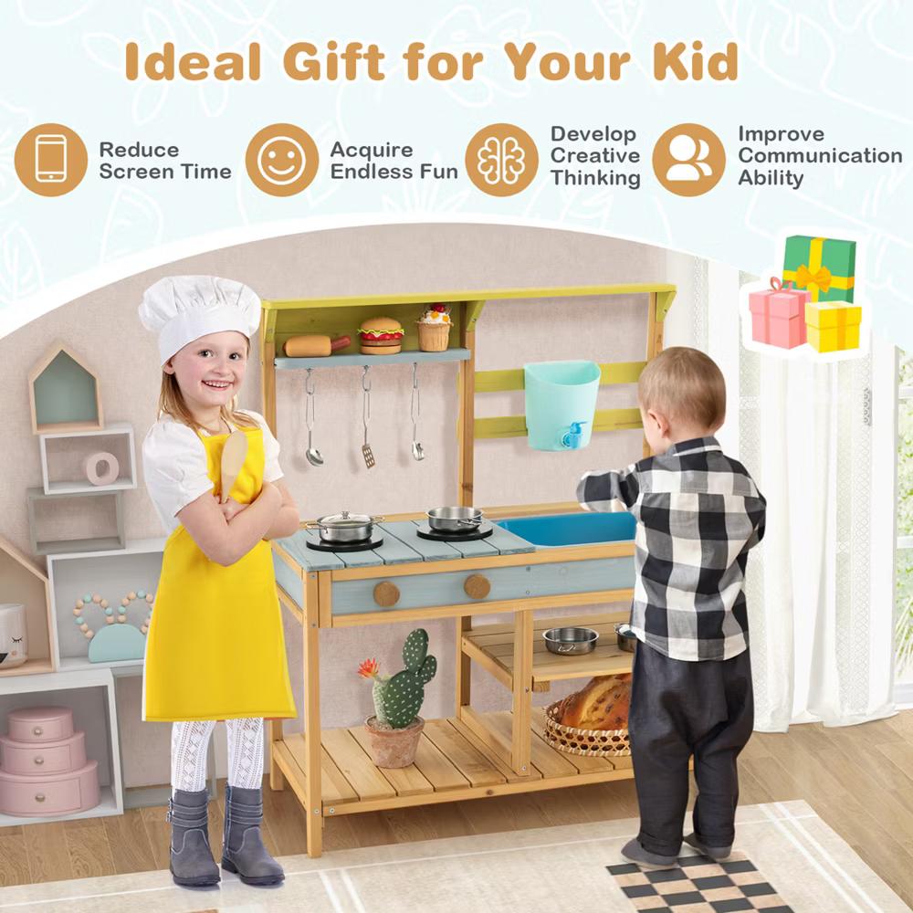 Wooden Play Kitchen Set, Outdoor Kid's Mud Kitchen with Faucet & Water Box - Image 7