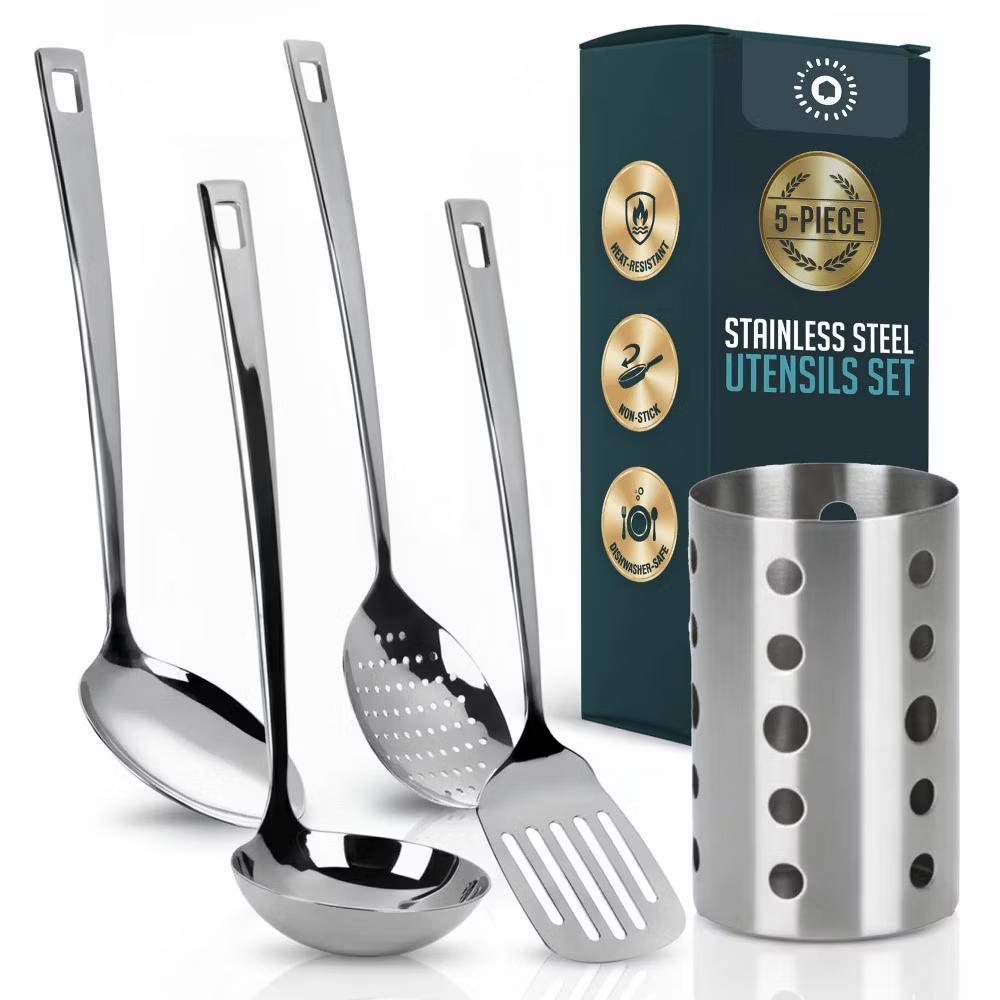 Stainless Steel Kitchen Utensil Set with Holder, 5-Piece Heat Resistant Kitchen Tools Set, Includes Ladle, Skimmer & Serving Spoon, Nonstick Cookware - Image 2