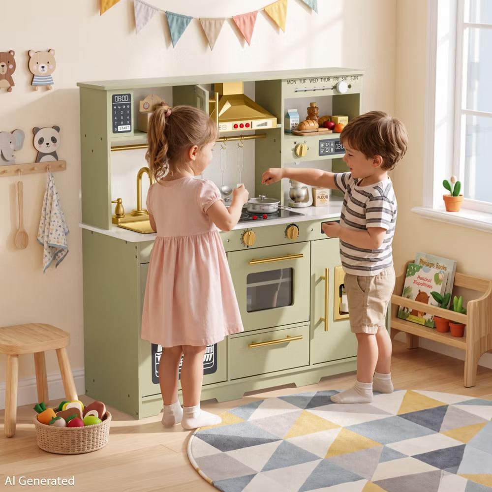 Wooden Play Kitchen for Kids with Running Water Sink, Interactive Stove, Ice Maker, Microwave, Oven & Dishwasher, Ages 3+ - Image 41