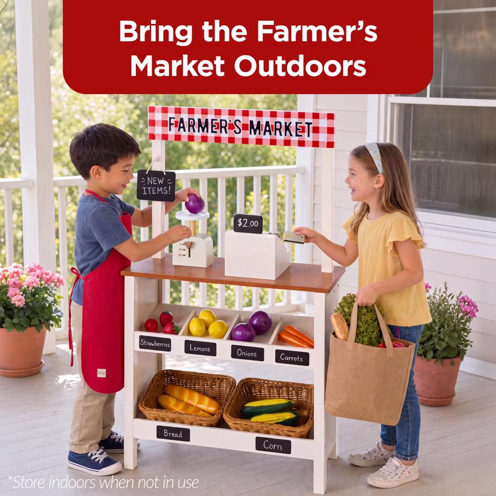 Wooden Farmers Market Stand for Kids with 22 Play Food Accessories, Pretend Grocery Store - Image 9