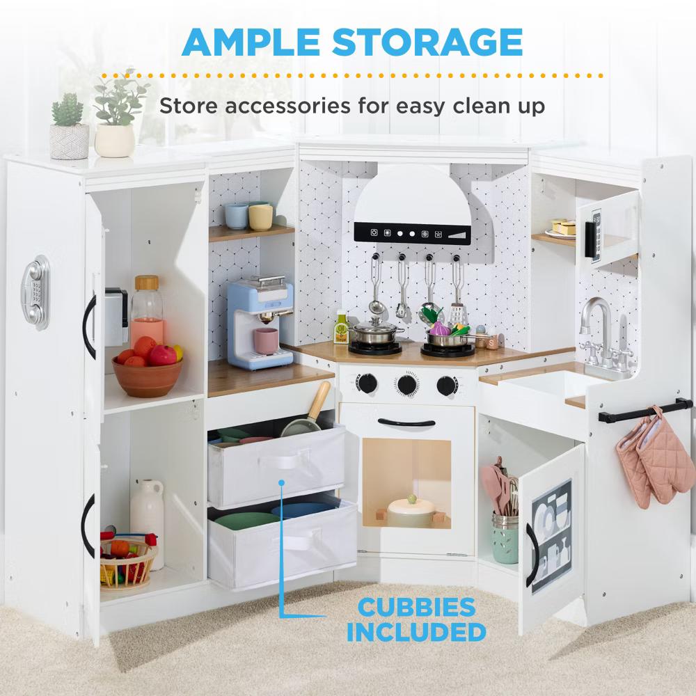 Pretend Play Corner Kitchen, Interactive Wooden Kids Set w/ Lights & Sounds - White - Image 74