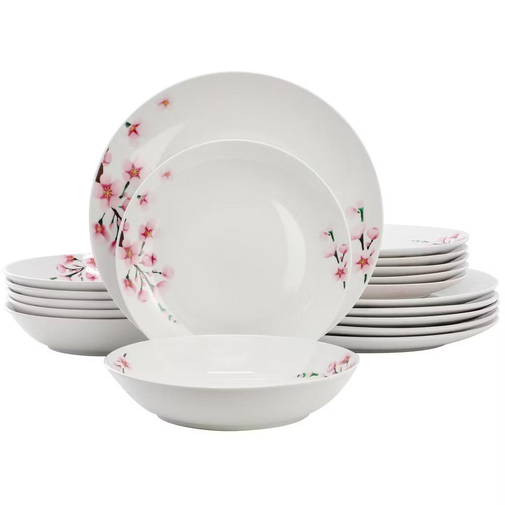 Tamara Cherry Blossom Porcelain Dinnerware Set in White and Pink - Image 16